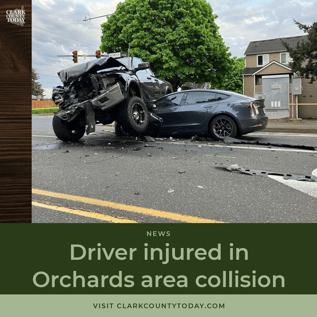Orchards Collision: Pickup Lands on Tesla After Red Light Run