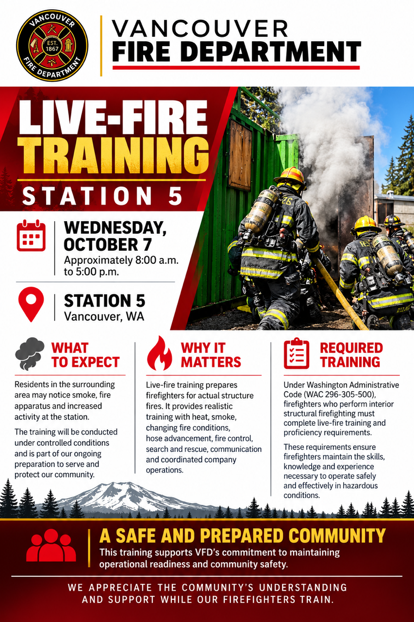 Vancouver Fire Department to conduct live-fire training at Station 5 on Wednesday, Oct. 7