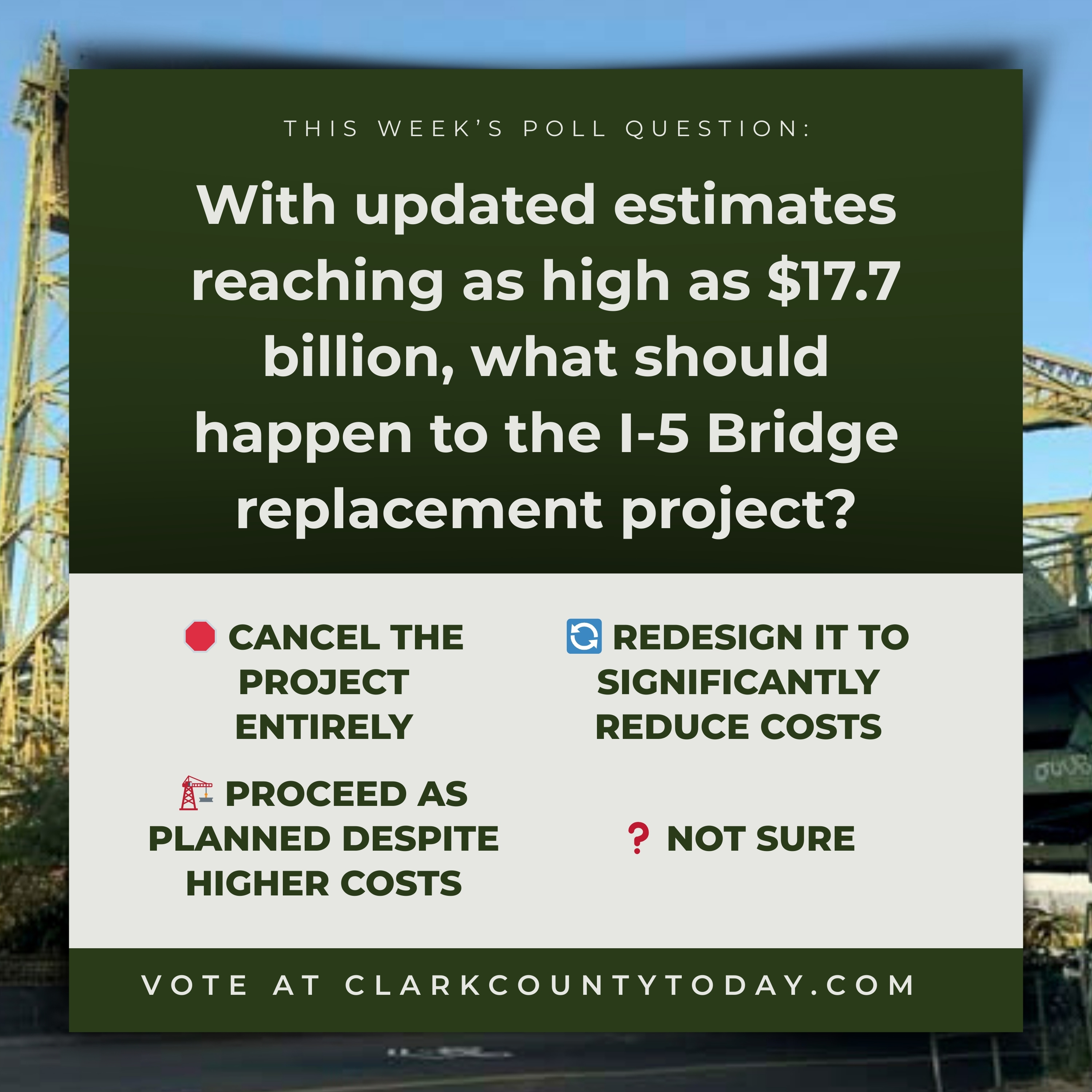 POLL: With updated estimates reaching as high as $17.7 billion, what should happen to the I-5 Bridge replacement project? episode artwork