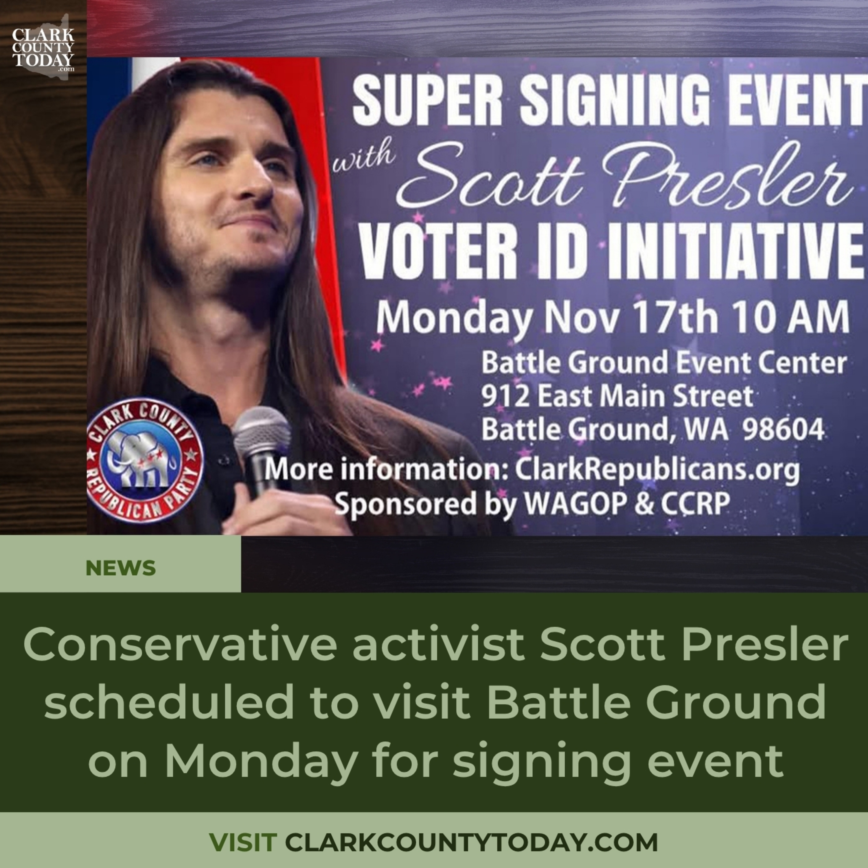 Conservative activist Scott Presler scheduled to visit Battle Ground on Monday for signing event