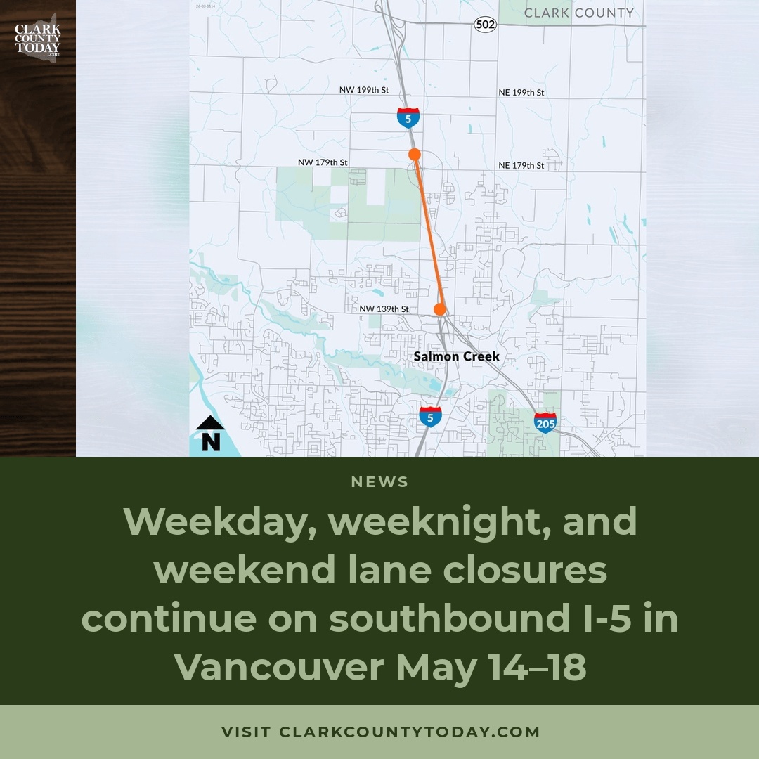 I-5 Southbound Closures: Vancouver Paving May 14–18