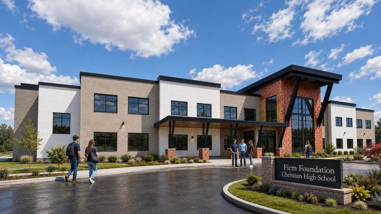 A vertical rendering captures the proposed look of the future Firm Foundation Christian School high school campus along state Route 502 in Battle Ground.