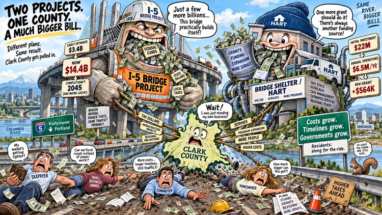 Two projects, two very different missions — but the same question for Clark County taxpayers: how much bigger do they get before the problems themselves get smaller?