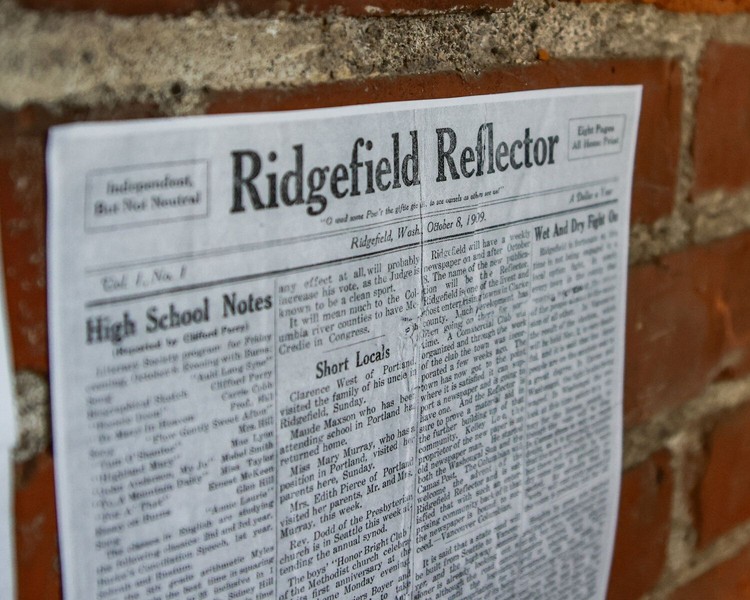 A photocopy of the first 1909 edition of the Ridgefield Reflector is posted on the wall at the “Meeting History: Exploring Ridgefield’s Told and Untold Stories” pop-up museum event in the Greely Building in downtown Ridgefield.