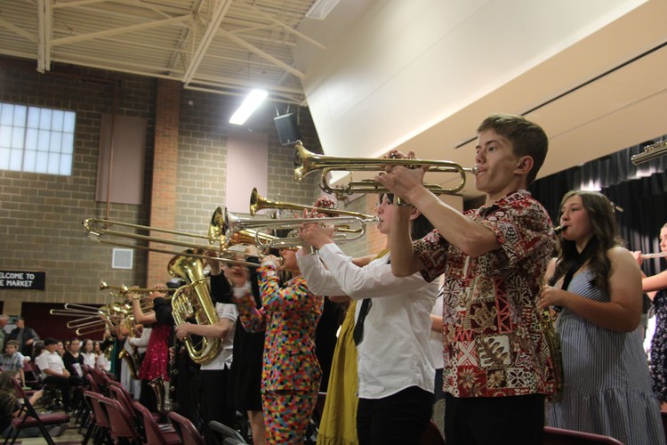 Members of the sixth-, seventh-, and eighth-grade ensembles perform “Funkytown” by Lipps Inc. during the concert finale. The song was also featured in the band’s performance at the 2026 Hazel Dell Parade of Bands on May 16.