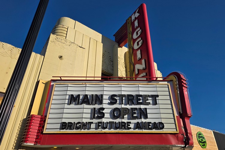 The marquee celebrates the completion of the new $26 million infrastructure project along Main Street in Vancouver