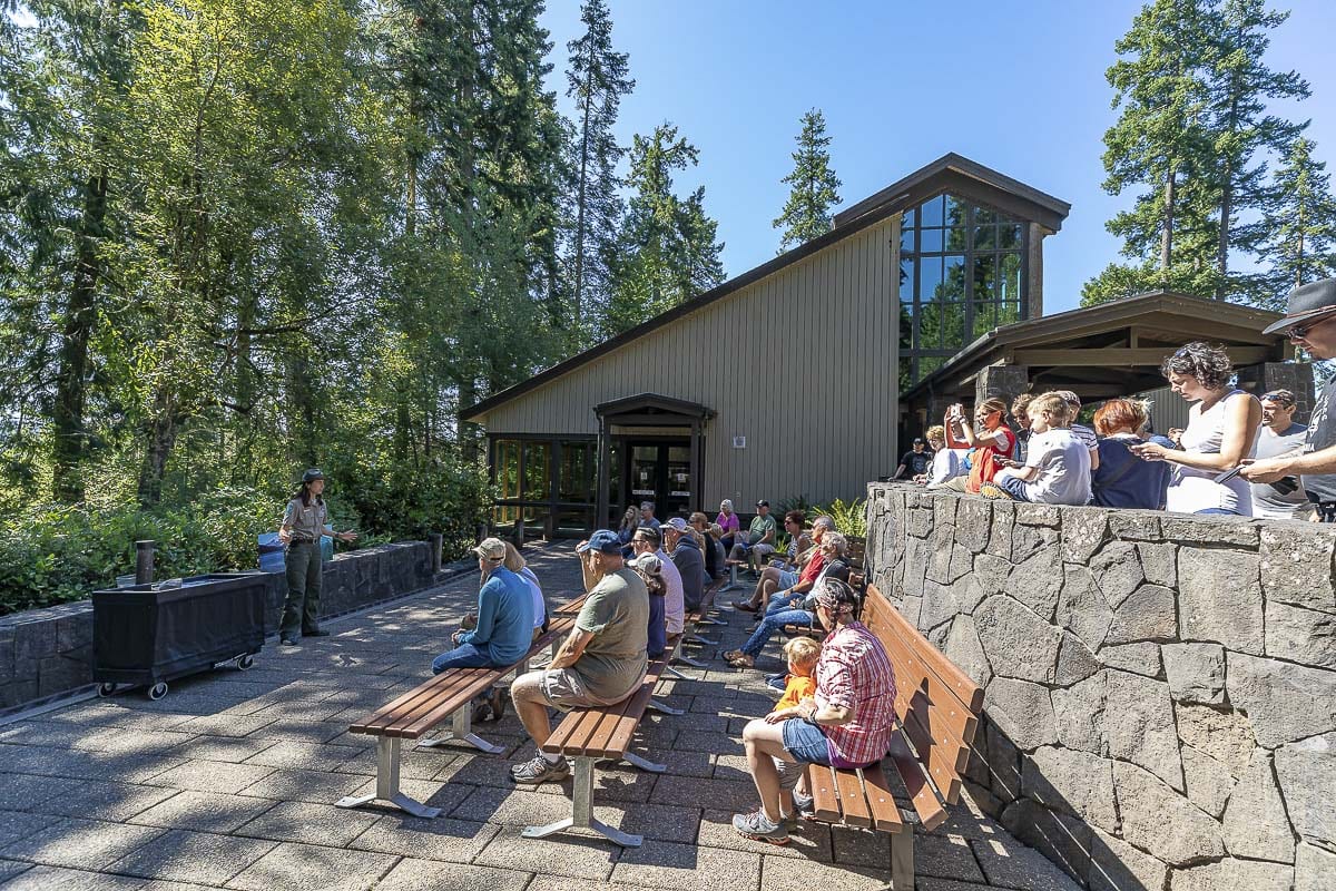 At Mt. St. Helens Visitor Center, Ranger and Interpretive Specialist Alysa Adams gives a presentation to visitors, talking about the volcano and eruption. Photo by Mike Schultz
