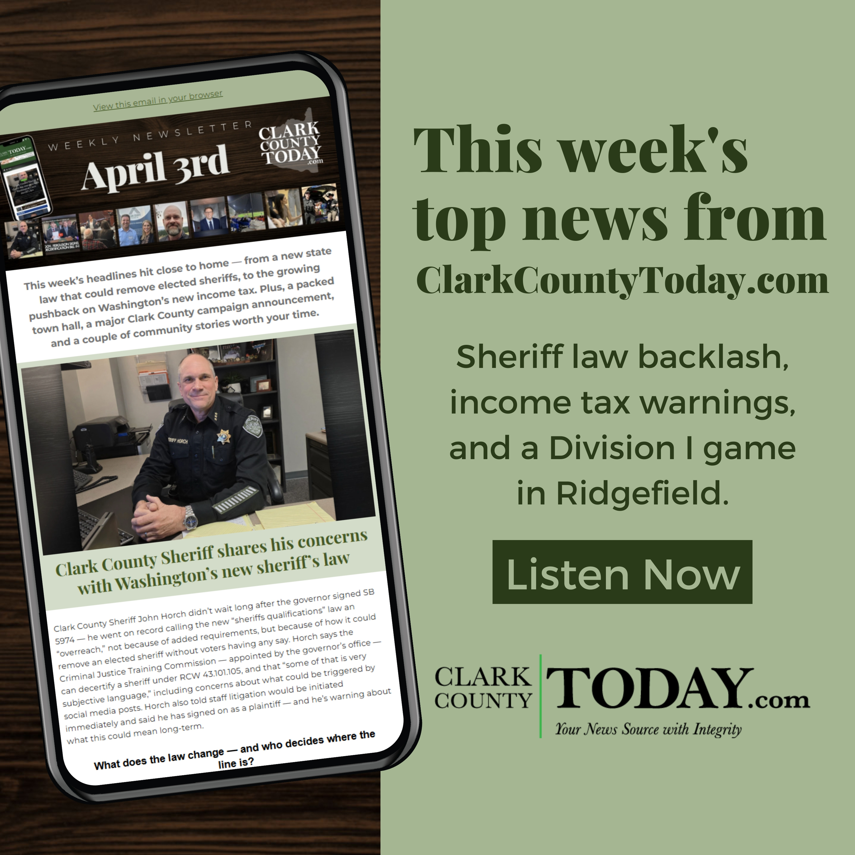 Sheriff law backlash, income tax debate, and Clark County spotlights episode artwork