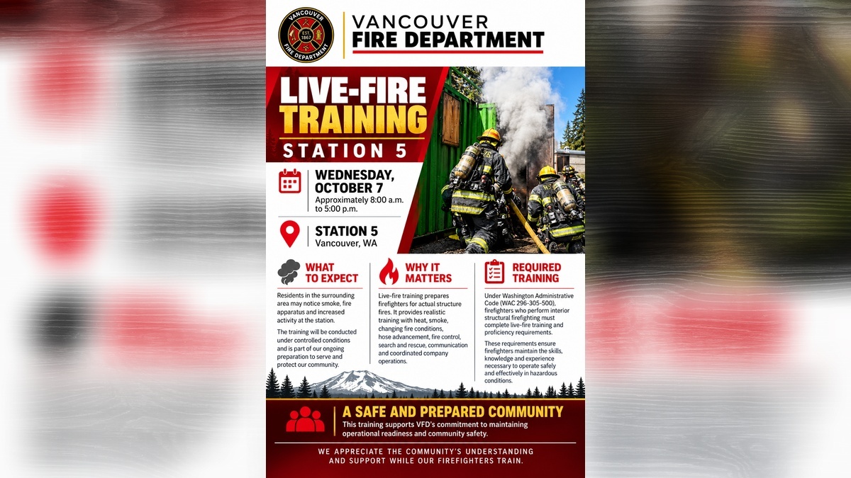 Vancouver Fire Department to conduct live-fire training at Station 5 on Wednesday, Oct. 7