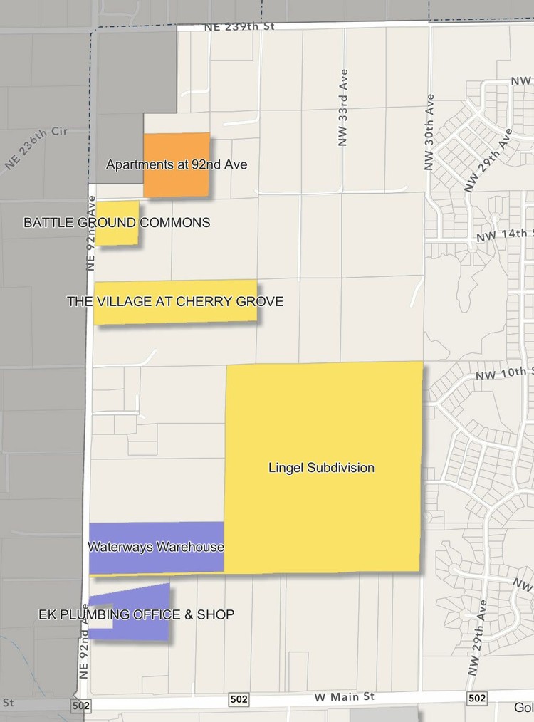 The city of Battle Ground active development map details multiple projects either approved or proposed along the eastern side of Northeast 92nd Avenue.
