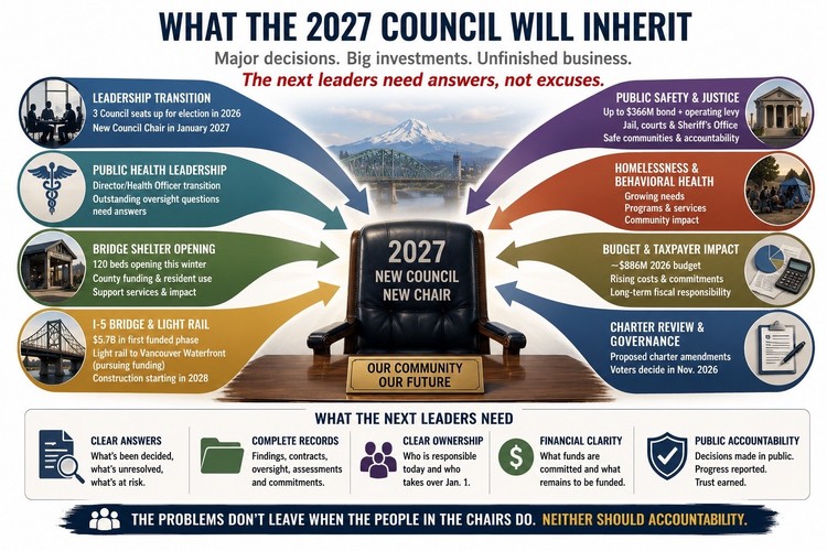 Peter Bracchi calls for a publicly accessible transition report covering unresolved oversight, major spending, and long-term policy decisions crossing into 2027.
