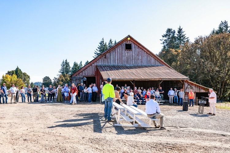 La Center Mayor Tom Strobehn speaks to a crowd at the groundbreaking event for Downtown 2.0 on Thursday, Sept. 17.