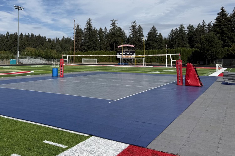 The outdoor volleyball court was installed at Doc Harris Stadium on Thursday morning in anticipation of Camas’ outdoor match against Ridgefield on Friday