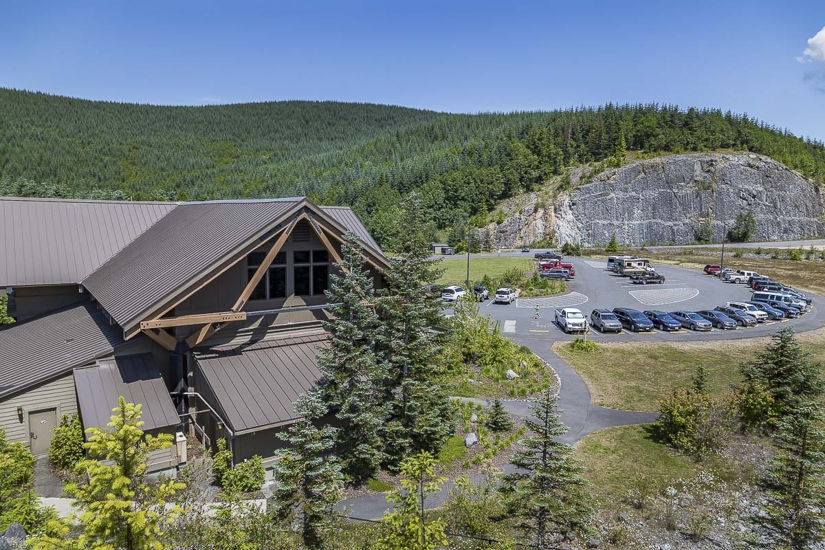 The Forest Learning Center on the way to the mountain, can be seen here from atop its elk viewing area overlooking the Toutle River Valley. Photo by Mike Schultz