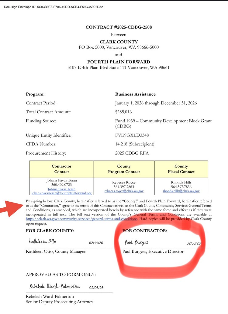 Rob Anderson argues FPF's own contracts contradict Paul Burgess's claim that Fourth Plain Forward is not a county contractor.