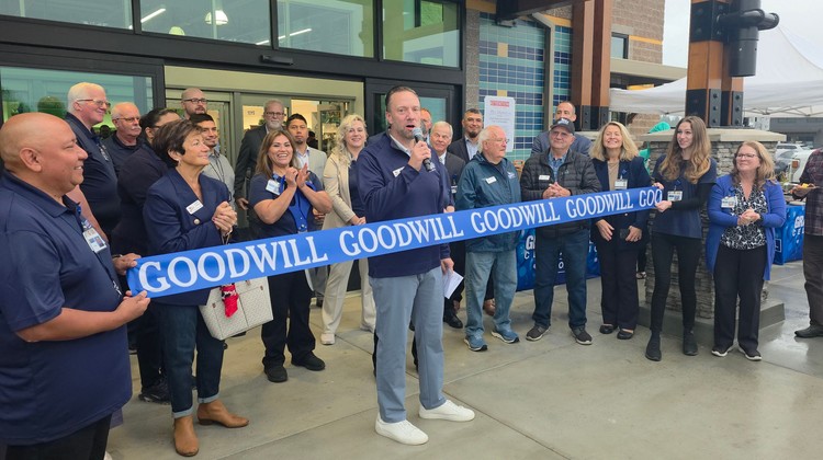 Ridgefield Mayor Matt Cole welcomes customers to the new Goodwill Superstore in Ridgefield