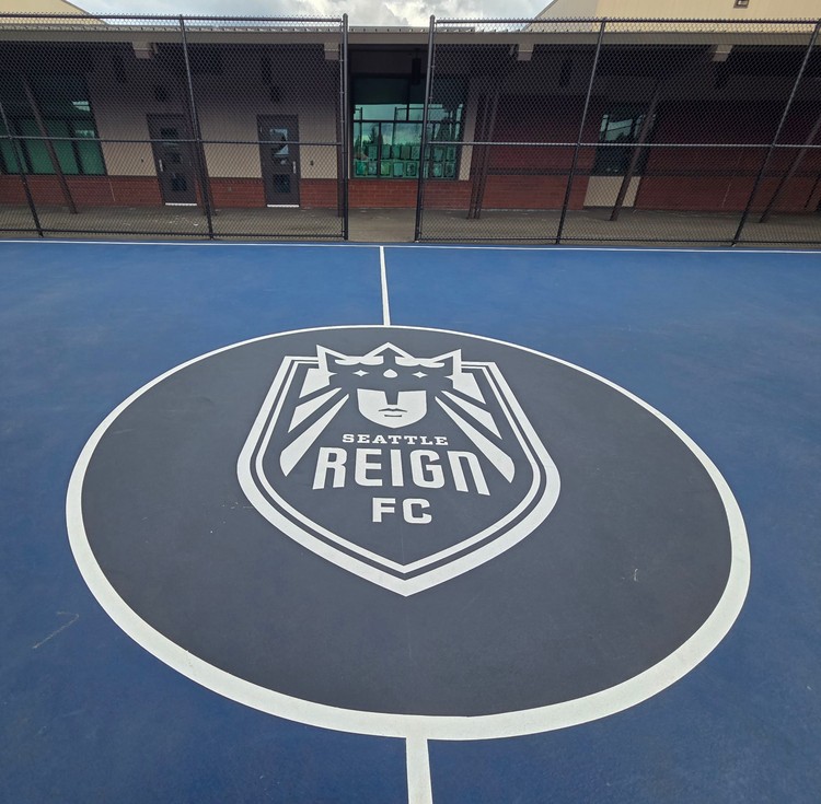 The new mini-pitch at Orchards Elementary School in Vancouver has the Seattle Reign logo.