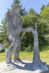 Seen here is the bigfoot statue near the buried A-frame on the way towards the volcano; the original was destroyed in the eruption, this is a replacement. Photo by Mike Schultz