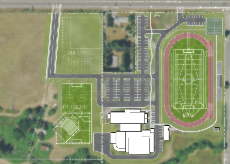 An overhead look details potential future athletic opportunities associated with the future Firm Foundation Christian School high school campus along state Route 502 in Battle Ground.