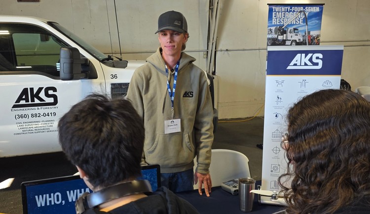 Braden Roth now works at AKS Engineering and Forestry and on Friday volunteered at the Dozer Day Hands-On Career Fair. In 2023, Roth found his job at this career fair when he was a student at Hockinson High School
